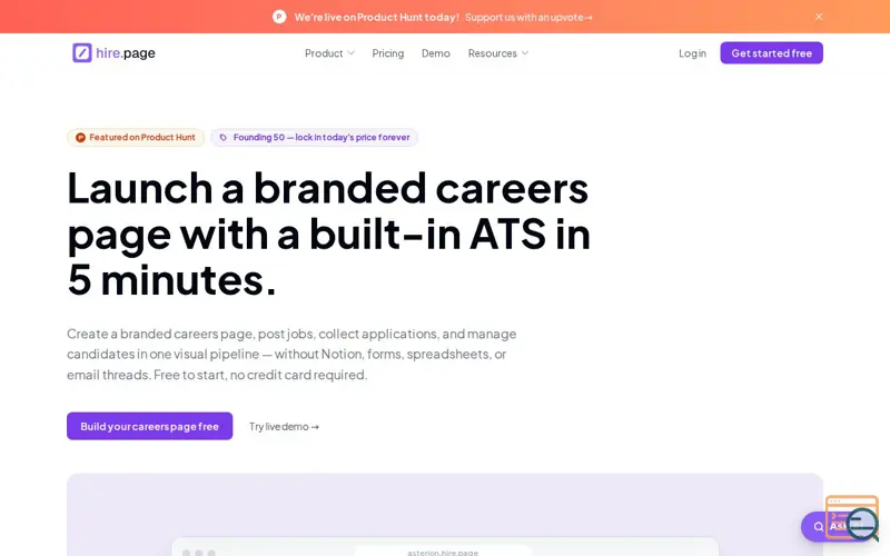 Screenshot of hire.page