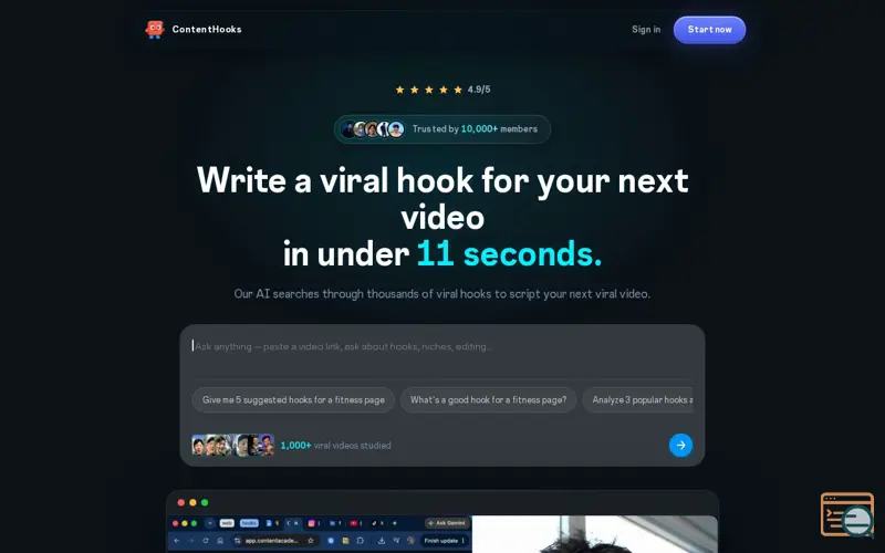 Screenshot of ContentHooks — Script viral videos with AI trained on 1,000+ viral videos, a launch using iClosed