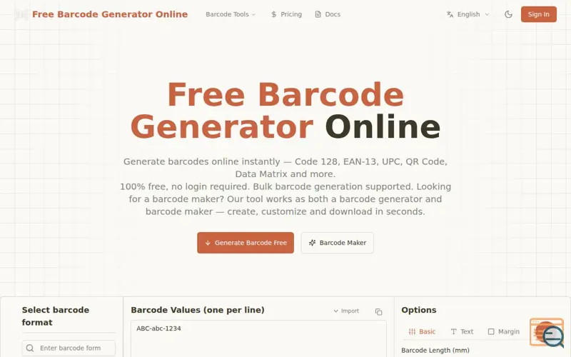 Screenshot of Generate barcodes online