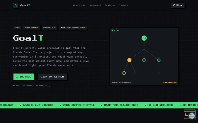 Screenshot of GoalT: the goal tree for Claude Code