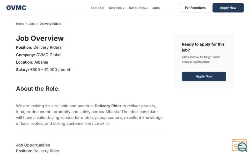 Screenshot of GVMC Global Delivery Rider Jobs