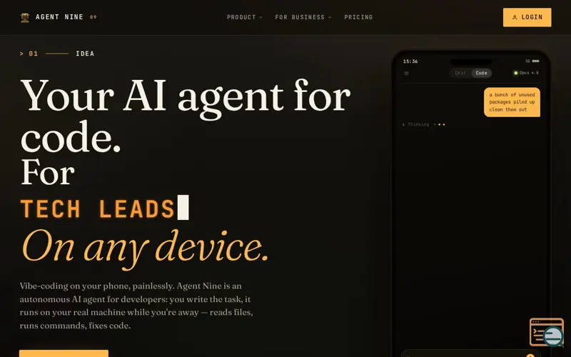 Screenshot of Agent Nine — Your AI agent. Your computer. Any device.