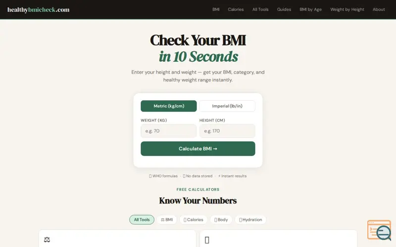 Screenshot of HealthyBMICheck — Free Calculators