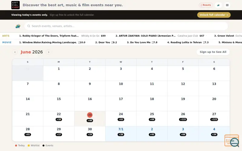 Screenshot of ARTCAL EVENT