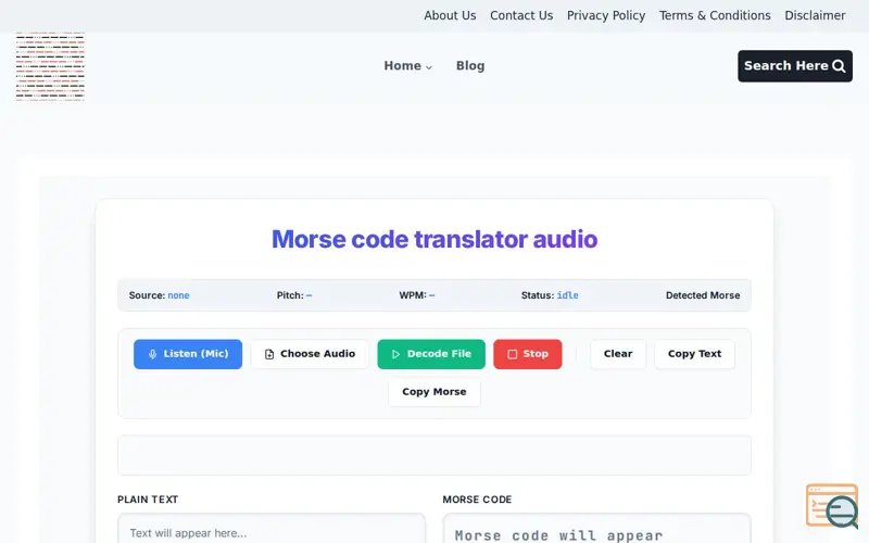 Screenshot of Morse code translator audio