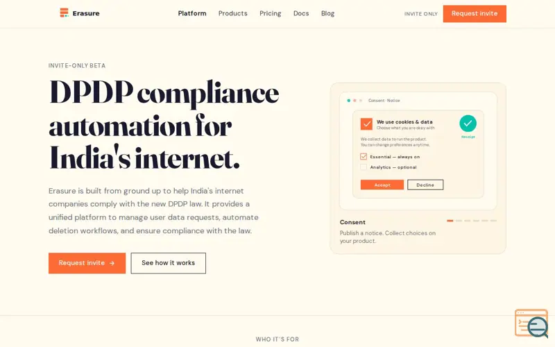 Screenshot of Erasure — Privacy operations for DPDP, without the homework