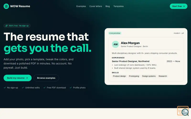 Screenshot of WOW Online Resume Builder
