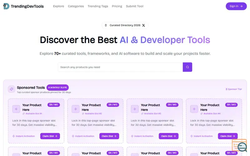 Screenshot of TrendingDevTools, a launch using Dodo Directory
