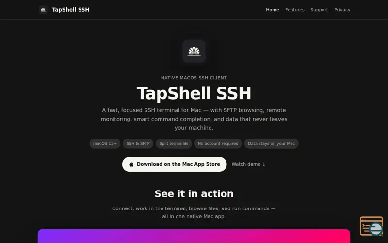 Screenshot of TapShell SSH — Native macOS SSH Terminal
