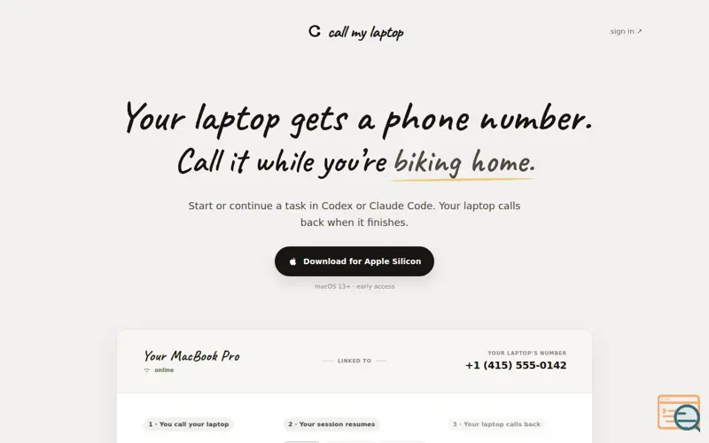 Screenshot of Call My Laptop — Your Mac gets a phone number