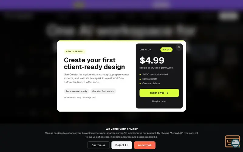 Screenshot of Lovspark — AI Software for Interior Designers & Architects