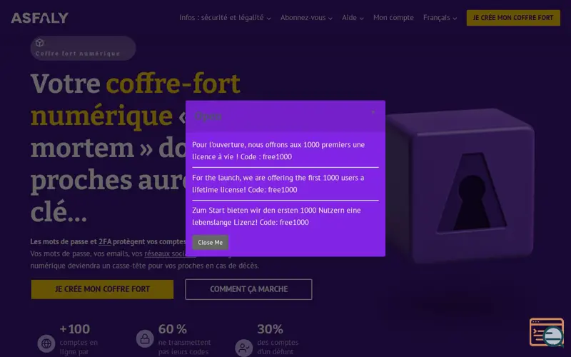 Screenshot of Coffre-fort numérique post mortem - Asfaly, a launch using Polylang