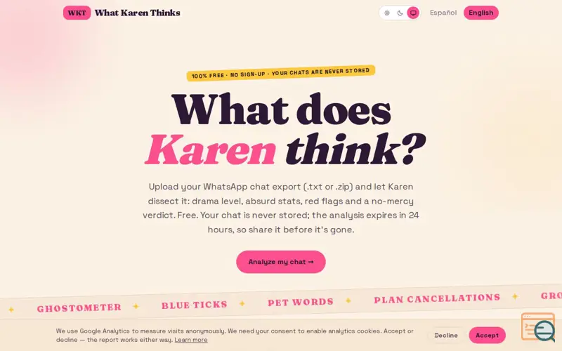Screenshot of What does Karen think? — Analyze your WhatsApp chat for free with AI, a launch using mx0.email