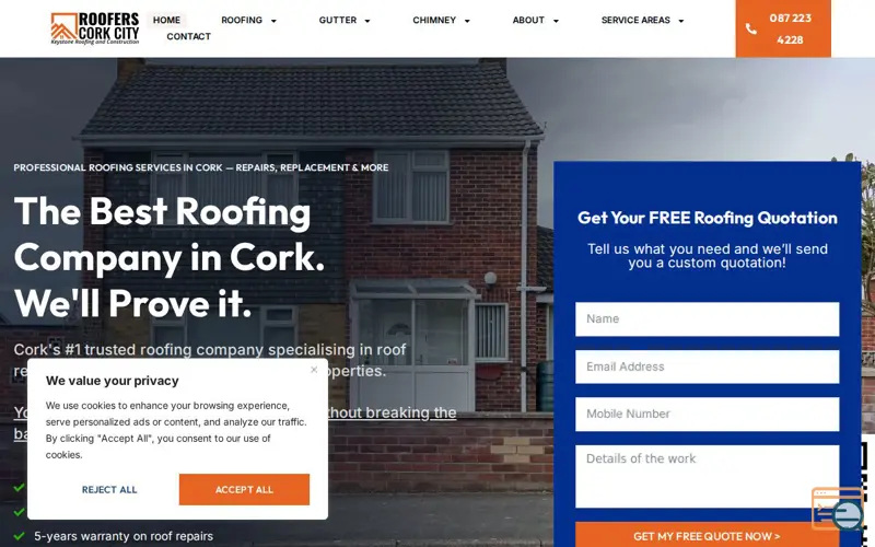 Screenshot of Roofers Cork City, a launch using Revw