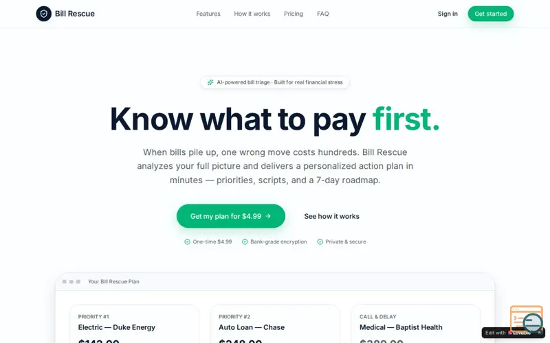 Screenshot of Bill Rescue — Know What To Pay First, a launch using TanStack Router
