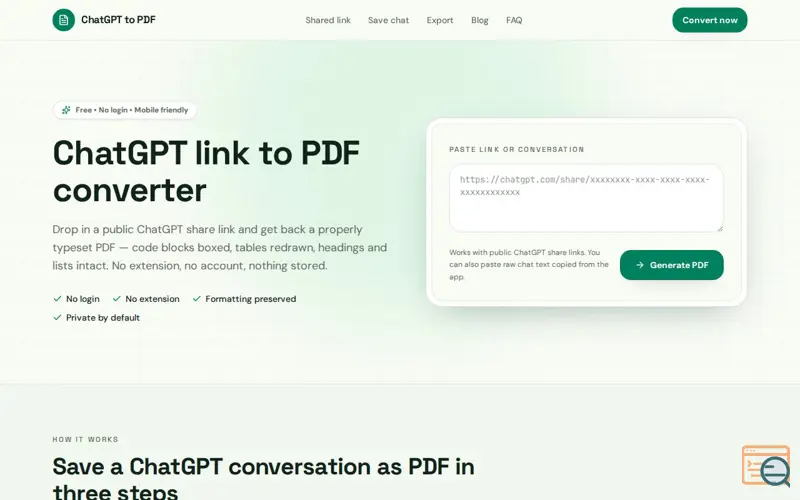 Screenshot of ChatGPT Link to PDF Converter | GPT to PDF