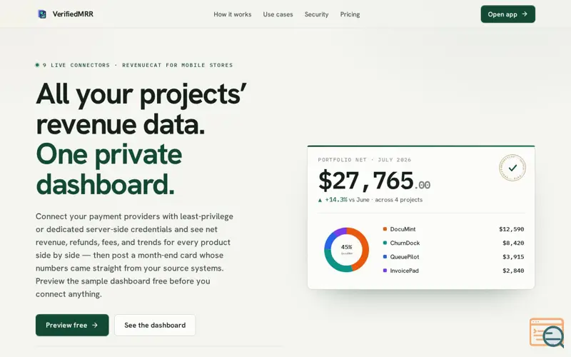Screenshot of VerifiedMRR — Private Revenue Dashboards