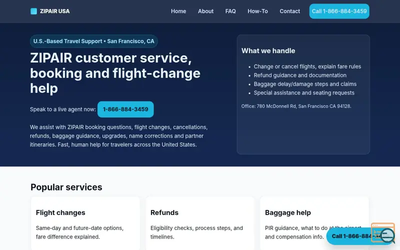 Screenshot of ZIPAIR USA  1-866-884-3459