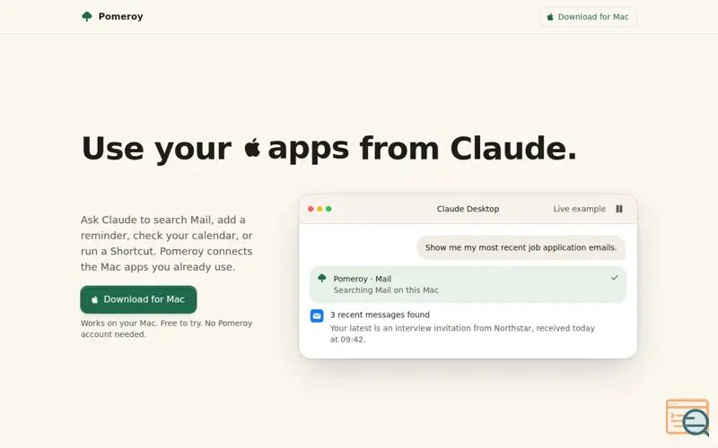 Screenshot of Pomeroy · Connect Claude to Mail, Calendar, Messages and more.