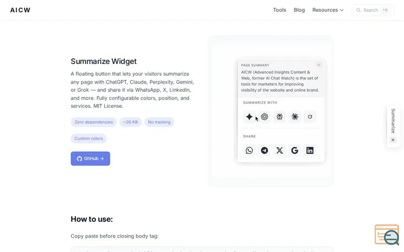 Screenshot of AICW Summarize Widget