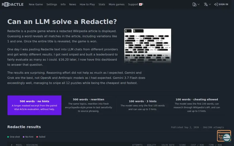 Screenshot of Redactle LLM Leaderboard
