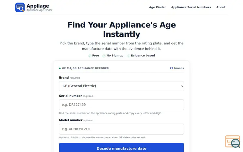 Screenshot of Appliage - Free Appliance Age Finder & Serial Number Decoder
