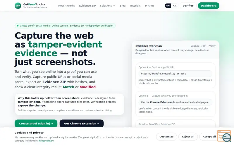 Screenshot of GetProofAnchor - verifiable web evidence
