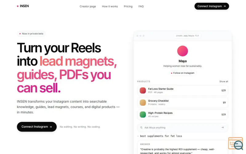 Screenshot of INSEN converts IG Reels into products.