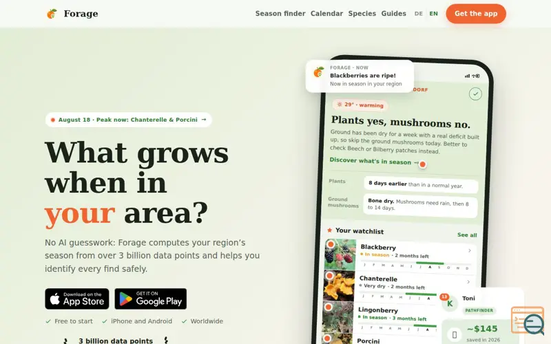 Screenshot of Forage: sieh, was in deiner Region gerade reif ist