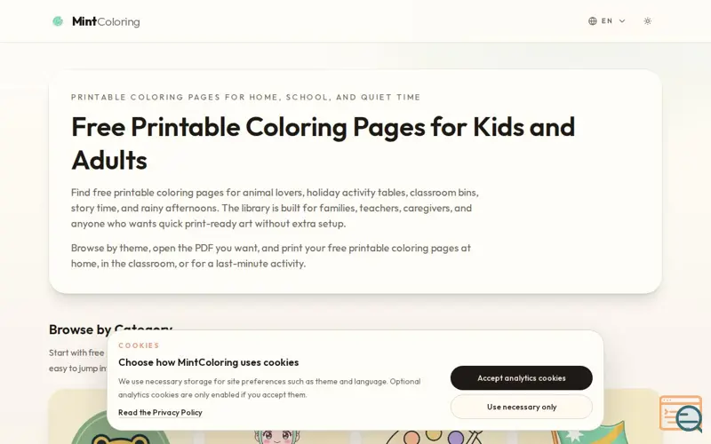 Screenshot of MintColoring.com