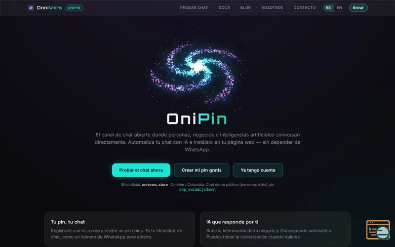 Screenshot of OniPin — Chat con IA para tu negocio | Pin único, widget y MCP