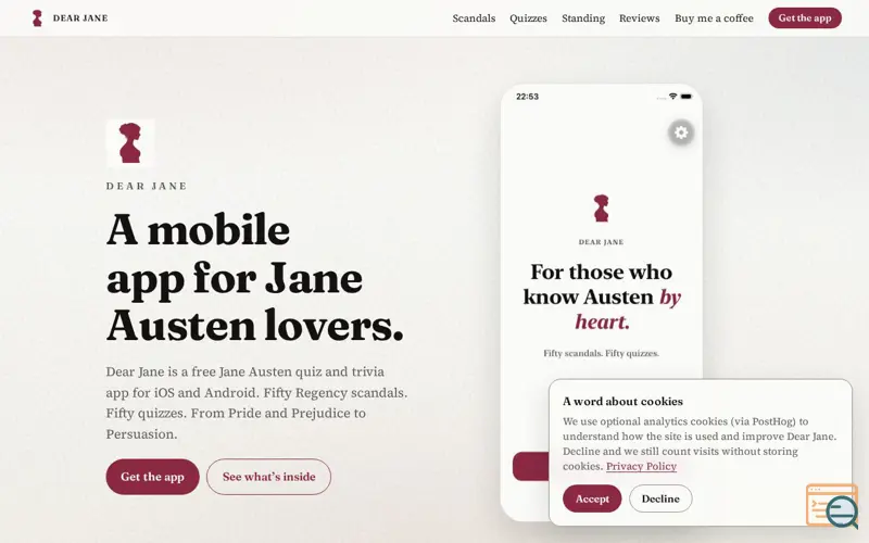 Screenshot of Dear Jane — Austen, by heart