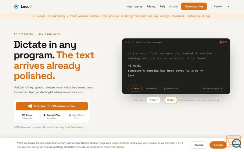 Screenshot of Dettatura AI per Windows — Loquil