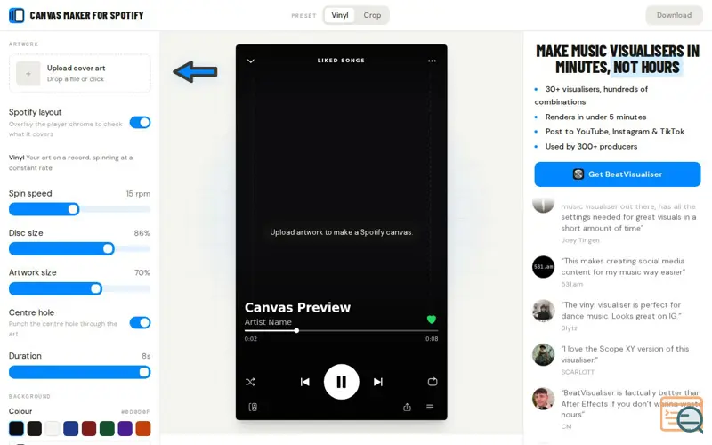 Screenshot of Canvas Maker for Spotify | Free 8-Second Loops from Your Cover Art