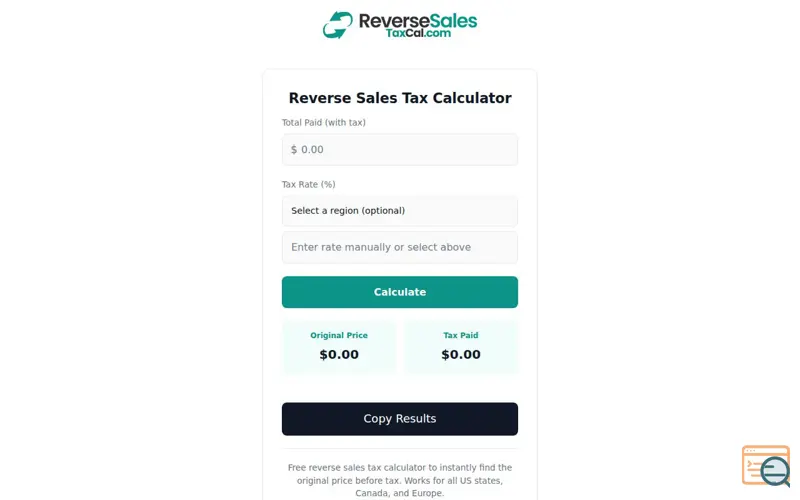 Screenshot of Reverse Sales Tax Calculator