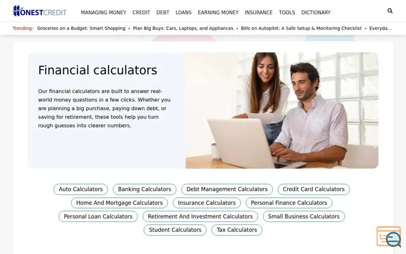 Screenshot of HonestCredit Financial Calculators