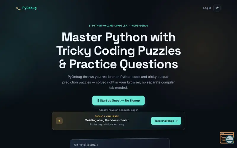 Screenshot of PyDebug — Fix Bugs. Predict Output. Master Python.