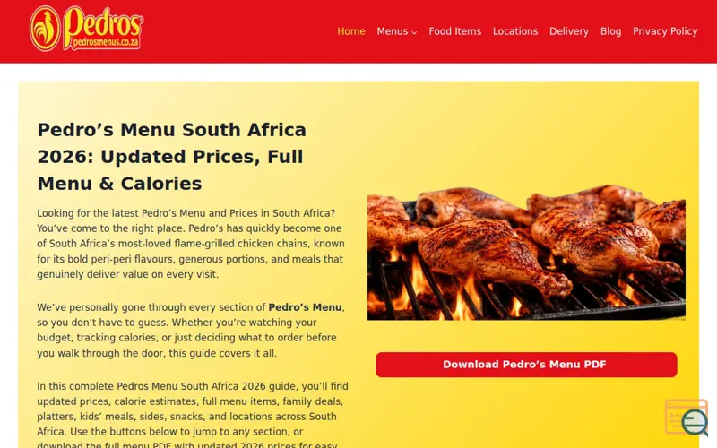 Screenshot of Pedros Menu South Africa