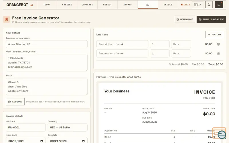Screenshot of Invoice Generator by OrangeBot