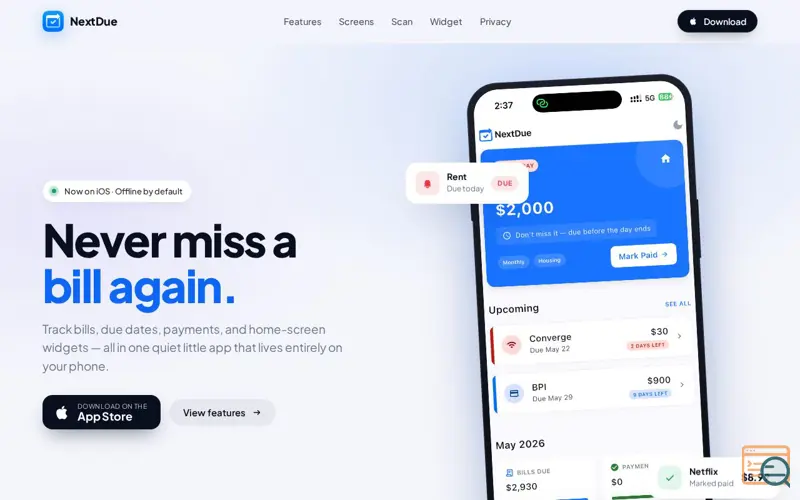 Screenshot of NextDue — Stay ahead of every bill
