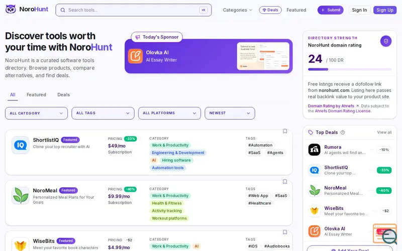 Screenshot of NoroHunt — Discover tools worth your time, a launch using Qoo.IM