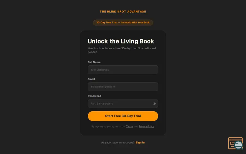 Screenshot of The Blind Spot Advantage - Living Book, a launch using LinkedIn