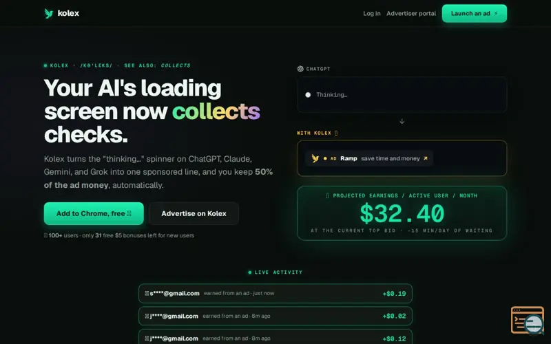 Screenshot of Kolex - Get Paid to use ChatGPT