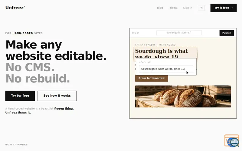 Screenshot of Make your website editable — no CMS, no rebuild | Unfreez