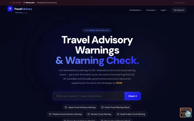 Screenshot of Travel Advisory Warnings