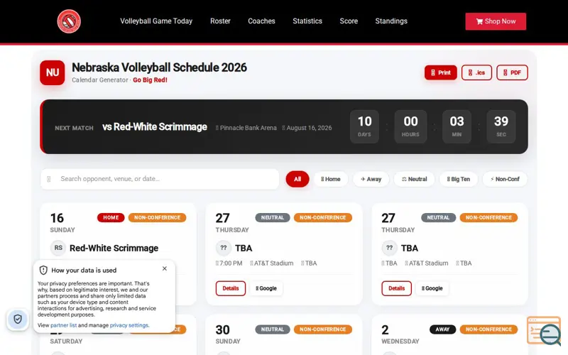 Screenshot of Husker Volleyball Calendar genrator , a launch using Ad Inserter