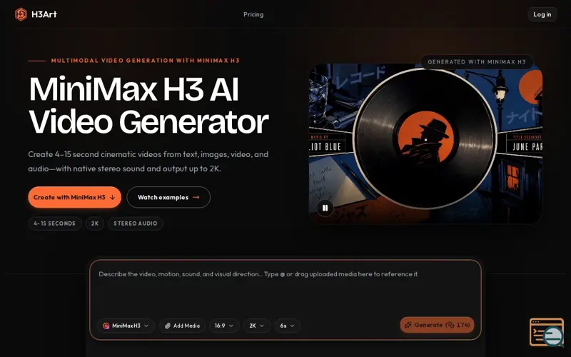 Screenshot of MiniMax H3 AI Video Generator: 2K + Native Audio | H3Art