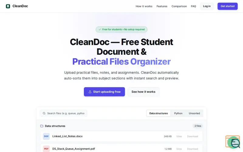 Screenshot of CleanDoc — Free Student Document & Practical Files Organizer