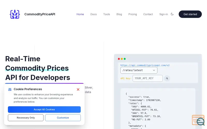 Screenshot of Commodity Price API