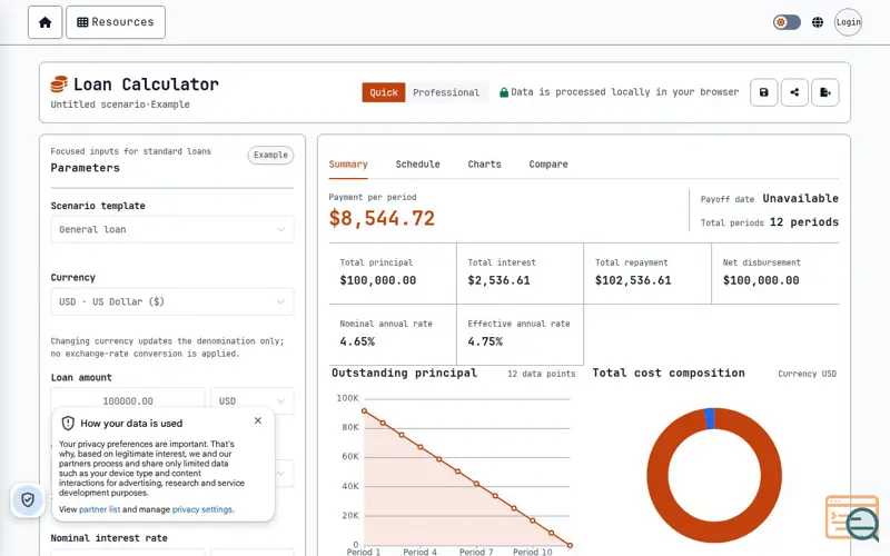 Screenshot of WeFreeStar Loan Calculator, a launch using VueUse